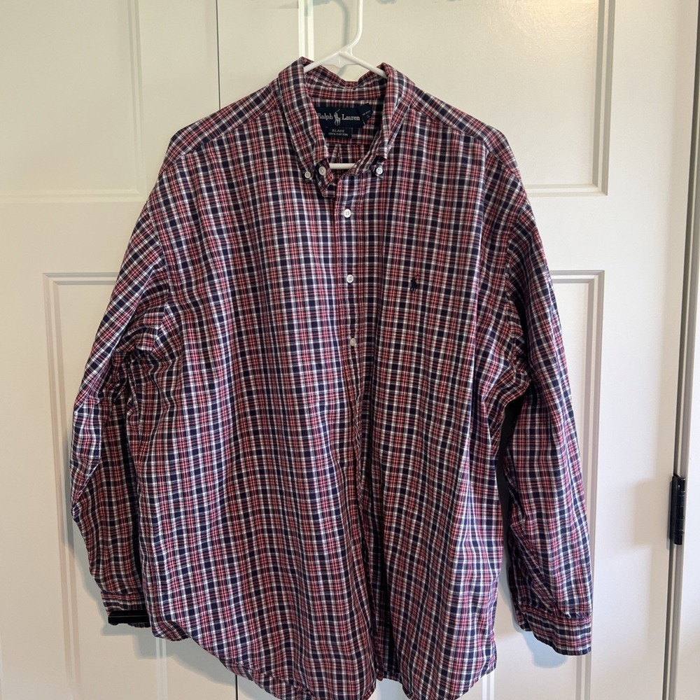 Ralph Lauren Patriotic Red White & Blue Plaid‎ Button Down Shirt Mens XL Blake